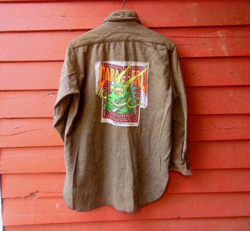 1900Er Jahre Upcycled Mens Army Green Wolle Powell Peralta Caballero Bonesbrigade Button Up 43 Skater Ww1 Sammlerstück von evileyevintage