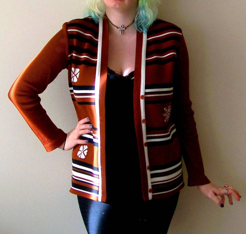 60Er/70Er Schoko Gestreifte Cardigan Slim Fit Braun Floral Sweater M von evileyevintage