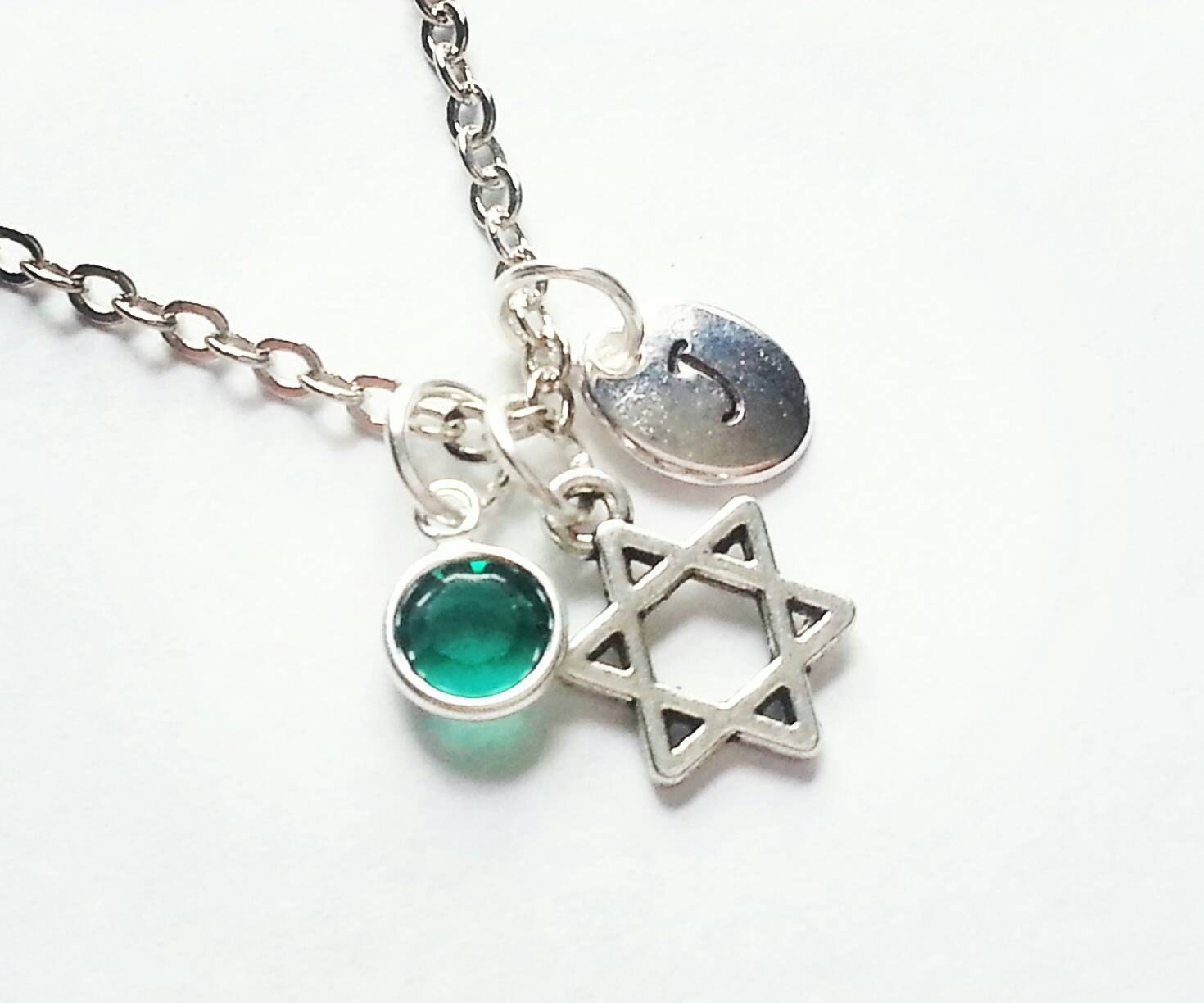 Davidstern Kette, Personalisiertes Silber, Gestempelte Initiale, Echter Swarovski Geburtsstein Kristall, Individuelle Länge von evilqueenjewelry