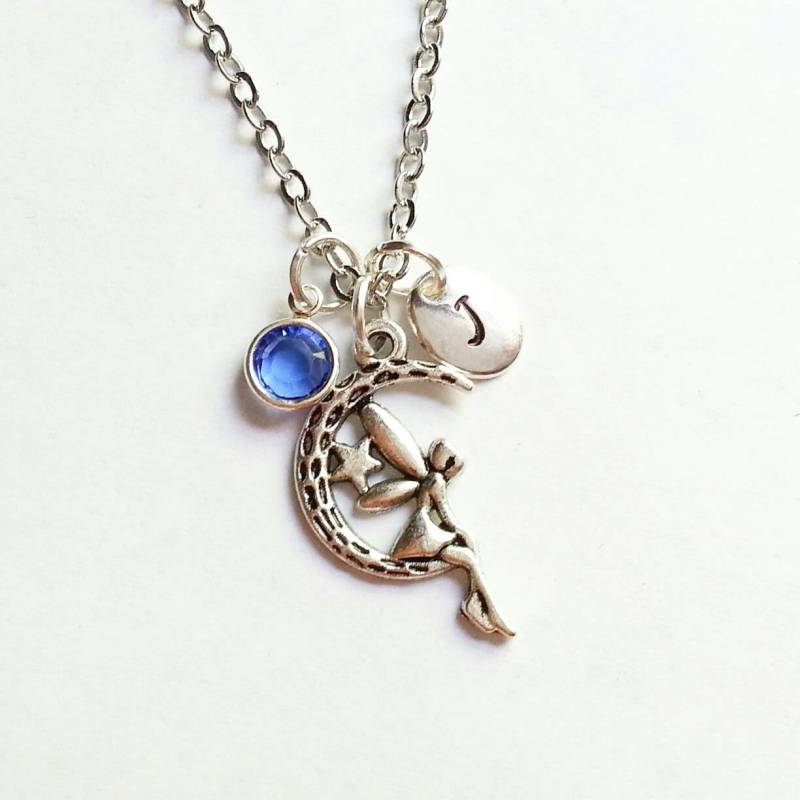 Elfen Kette, Elfe Auf Dem Mond, Personalisierter Schmuck, Echter Swarovski Geburtsstein Kristall, Handgestempelter Initial Charm, Individuelle Länge von evilqueenjewelry