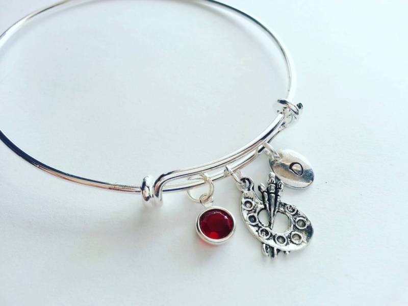 Personalisierte Künstler Pallette Armband, Von Hand Gestempelt Initial, Echte Swarovski Birthstone Kristall, Erweiterbare Armreif von evilqueenjewelry