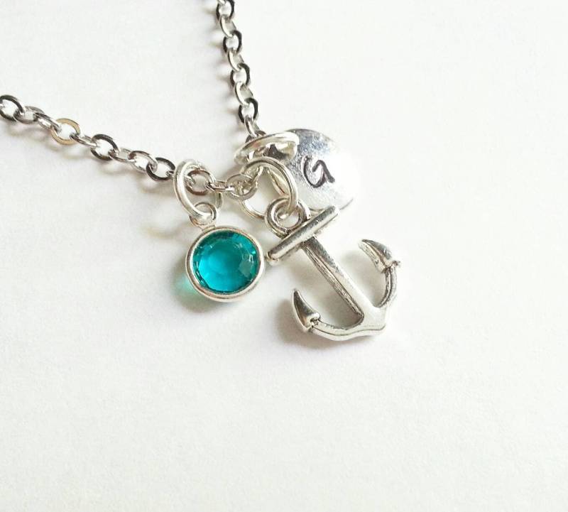 Personalisierte Silber Anker Halskette, Hand Gestempelt Initial, Echter Swarovski Kristall Geburtsstein, Benutzerdefinierte Länge, Verweigern Zu von evilqueenjewelry
