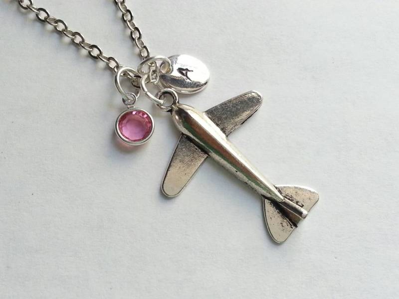 Personalisierte Silber Flugzeug Halskette, Gestempelt Initial, Echte Swarovski Kristall Geburtsstein, Benutzerdefinierte Länge, Pilot, Flugbegleiter von evilqueenjewelry