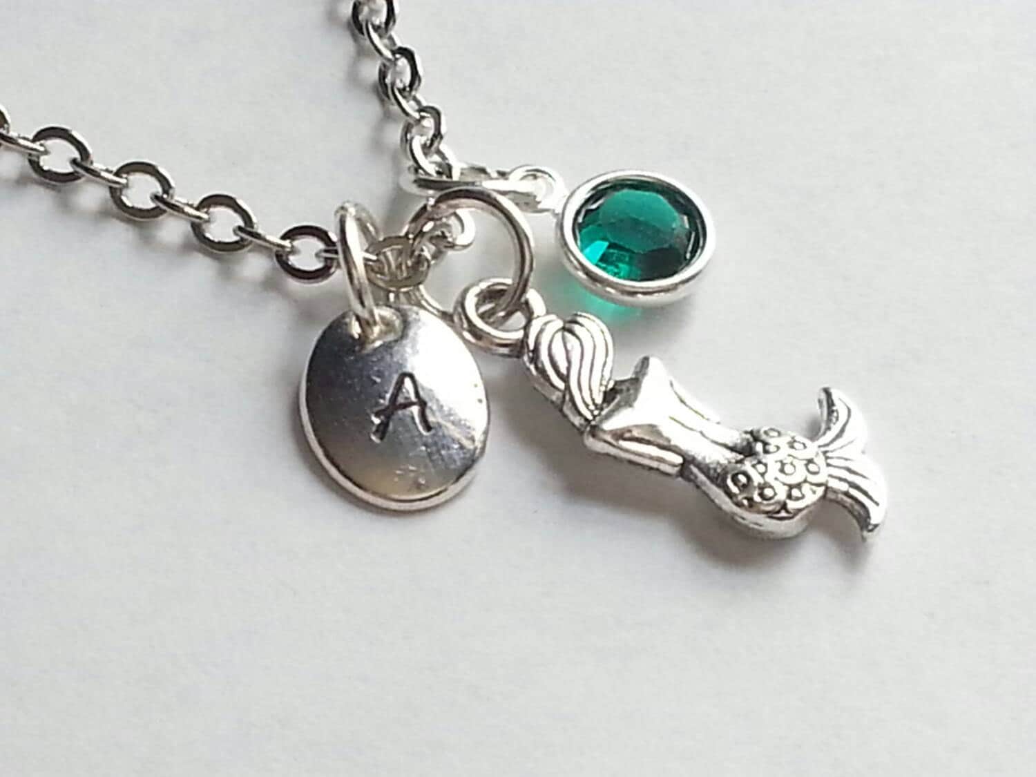 Personalisierte Silber Meerjungfrau Halskette, Handgestempelt Initial, Swarovski Kristall Birthstone, Beste Freundin, Monogramm, Benutzerdefinierte von evilqueenjewelry