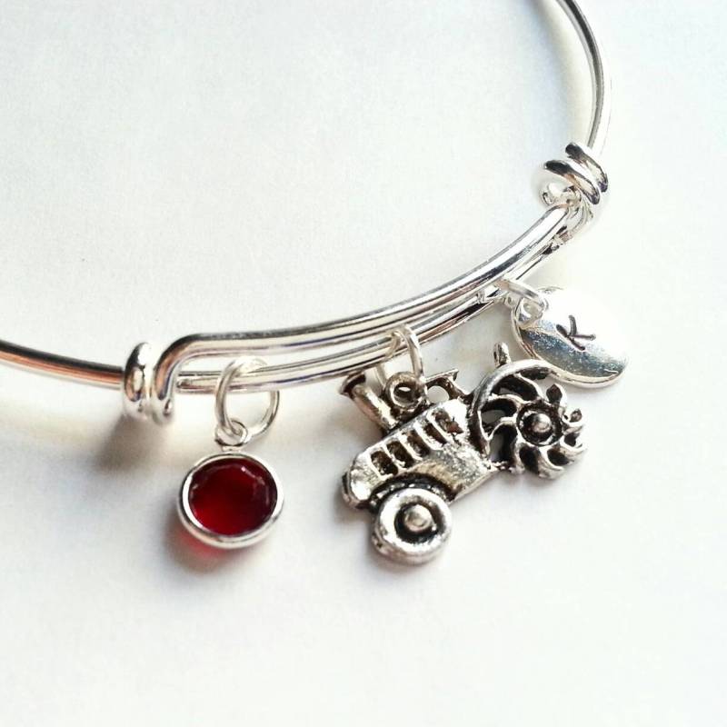 Personalisierte Silber Traktor Armband, Verstellbare Größe, Echte Swarovski Kristall Birthstone, Von Hand Gestempelt Initial von evilqueenjewelry