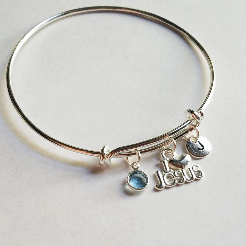 Personalisierte Verstellbare Silber Armreif. Hand Gestempelt Initial, Echte Swarovski Birthstone Kristall, Ich Liebe Jesus, Religiöse Schmuck von evilqueenjewelry