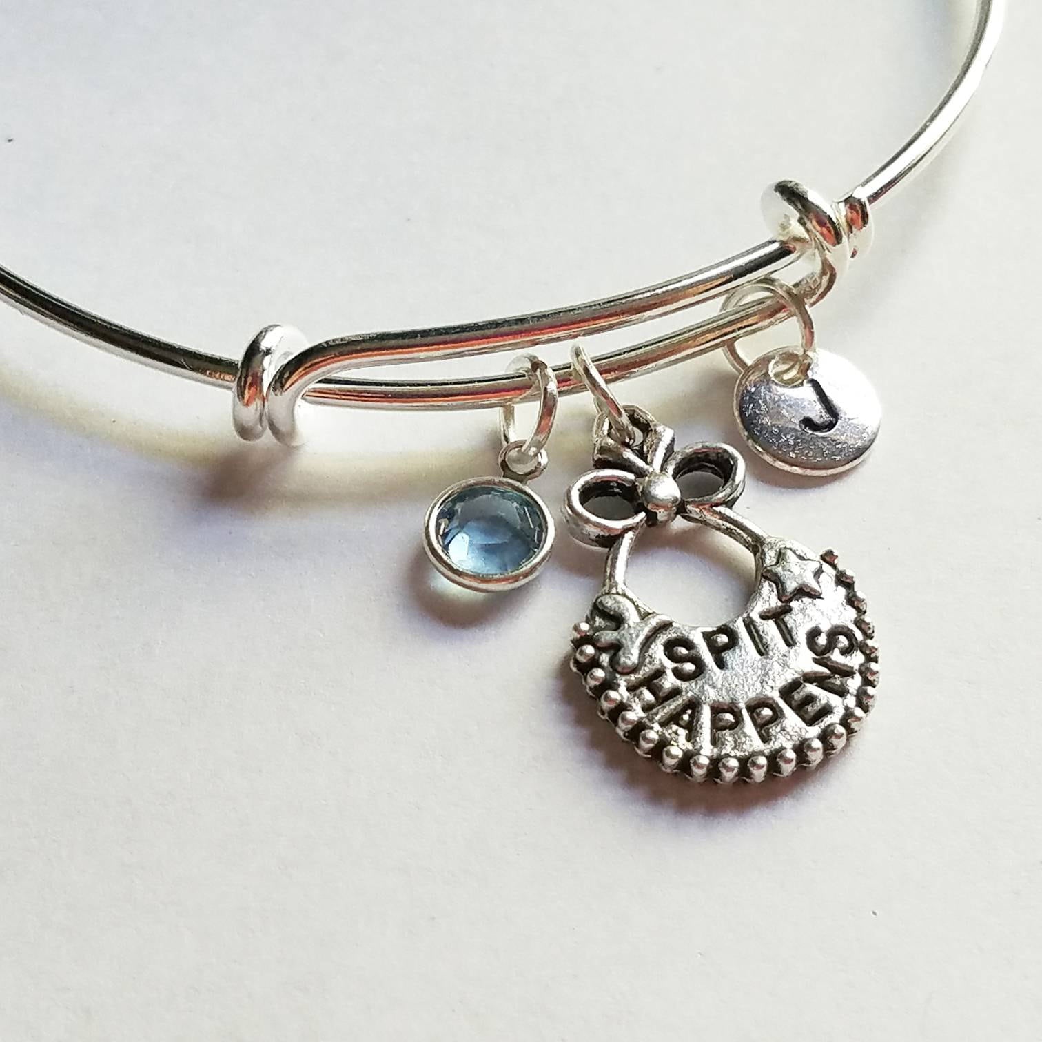 Spit Happens, Silber Verstellbararm Armband, Personalisiert, Hand Stamper, Neue Mutter, Swarovski Kristall Birthstone, Stapelbare Armreif von evilqueenjewelry