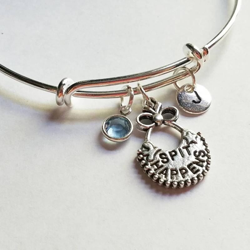 Spit Happens, Silber Verstellbararm Armband, Personalisiert, Hand Stamper, Neue Mutter, Swarovski Kristall Birthstone, Stapelbare Armreif von evilqueenjewelry
