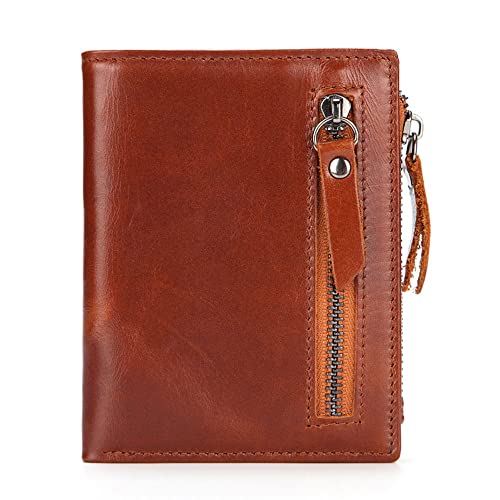 Herren-Geldbörse mit Reißverschluss, echtes Leder, Kartenhalter, Rindsleder, Reißverschluss, Münzfach, Bifold-Geldbörsen für Herren (Farbe: Braun, Größe: 11,5 x 9 cm) von evimo