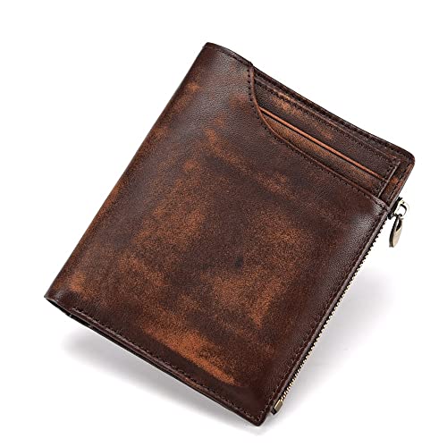 Herren-Geldbörse mit Reißverschluss, echtes Leder, Kartenhalter, Rindsleder, Reißverschluss, Münzfach, Bifold-Geldbörsen für Herren (Farbe: Braun, Größe: 12,3 x 10 cm) von evimo