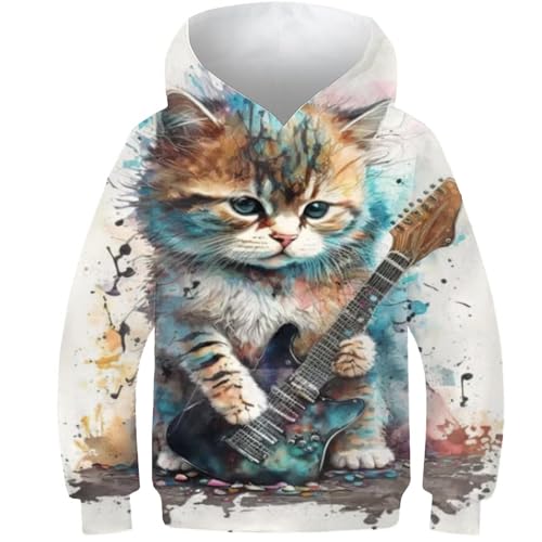 evimo Katze spielt Gitarre 3D-Gedruckter Hoodie Jungen Mädchen Sportbekleidung Kleidung Mode Kinder Kapuzenpullover Kinder Kapuzenpullover Pullover 9-11 Jahre von evimo