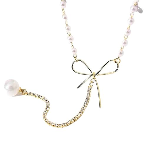 evimo Mode Halskette Schmuck Ins koreanischen Stil Perle Schlüsselbein Halskette für Frauen Persönlichkeit Kette Bogen Knoten Strass Anhänger süßer Modeschmuck von evimo