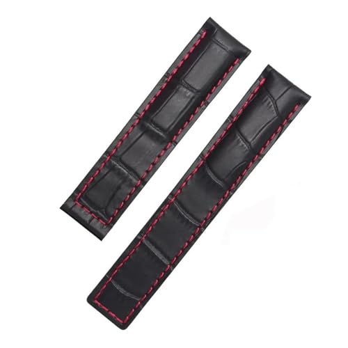 ewgrkba Kompatibel Mit TAG Heuer Lederarmband Blau Schwarz Mit Roten Nähten Armband 19 20 22 Mm Kompatibel Mit Herrenarmband Mit Faltschließe(Black red no clasp,19mm) von ewgrkba