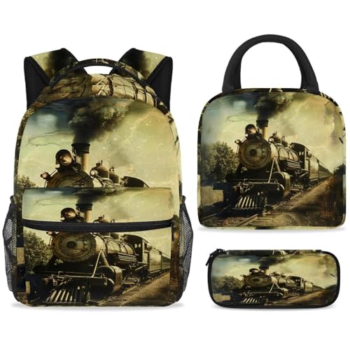 ewndhtse Schulrucksack-Set mit Lunchtasche, Federmäppchen, 3-teilig, Schulbüchertaschen-Set, Reiserucksack, lässiger Tagesrucksack für Teenager, Mädchen, Jungen, Primary Junior Middle – Retro-Zug mit von ewndhtse