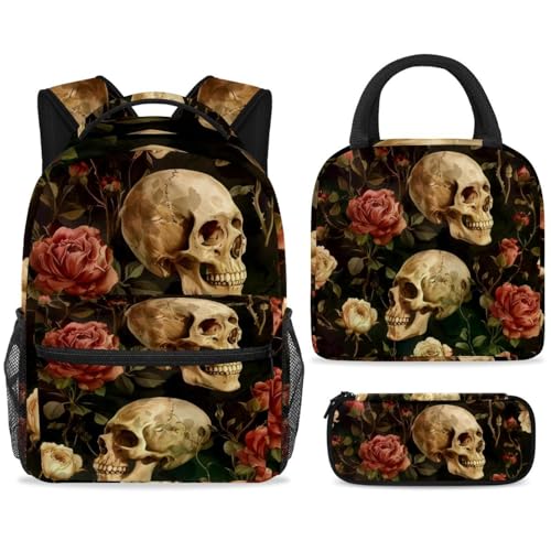 ewndhtse Schulrucksack-Set mit Lunchtasche, Federmäppchen, 3-teilig, Schulbüchertaschen-Set, Reiserucksack, lässiger Tagesrucksack für Teenager, Mädchen, Jungen, Primary Junior Middle – Roses Branch von ewndhtse