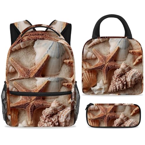 ewndhtse Schulrucksack-Set mit Lunchtasche, Federmäppchen, 3-teilig, Schulbüchertaschen-Set, Reiserucksack, lässiger Tagesrucksack für Teenager, Mädchen, Jungen, Primary Junior Middle – Seestern von ewndhtse