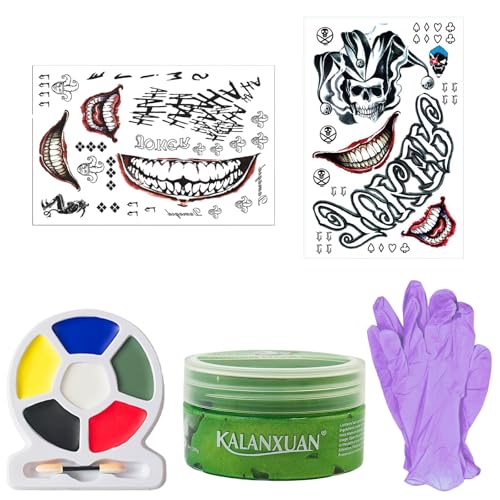 6er Joker Kostüm,mit Halloween Clown Temporäre Tattoo,Grün Haarwachsfarbe,Clown Makeup Gesichtsfarbe,Fashion Handschuhe,für Halloween Karneval Fasching Cosplay Thema Party von exatta