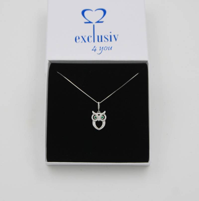 Eule Mit Smaragdgrünen Augen, Silberschmuck Anhänger Kette, Symbol Weisheit, Talisman Als Geschenk Verpackt von exclusiv242