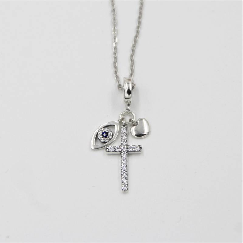Symbolic Jewelry Faith Love Protection Amulet With 3 Pendants Cross Heart Eye Sterling Silver 925 | Or Without Chain Unisex Gift von exclusiv242
