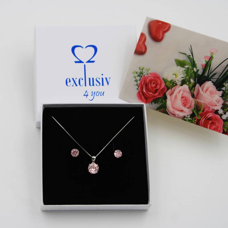Morganit Edelstein Set Ohrringe Und Anhänger Mit Kette Rosen Schliff Engelsstein Ohrstecker + Solitär Rund Sterlingsilber925 von exclusiv242