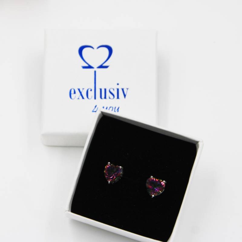 Herz Ohrstecker | Regenbogenfarbene Edelsteine, Mystik Topas Ohrringe Mit Push Back Butterfly Silber925 Geschenkverpackung Gratis von exclusiv242