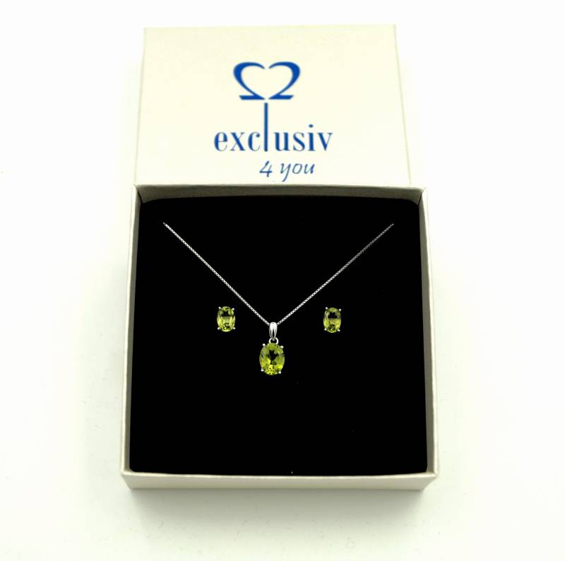 Peridot Olivin Edelstein Set Anhänger Mit Kette Und 2 Ohrstecker Silber925 | Minimalistisch, Oval Geschenkverpackung von exclusiv242