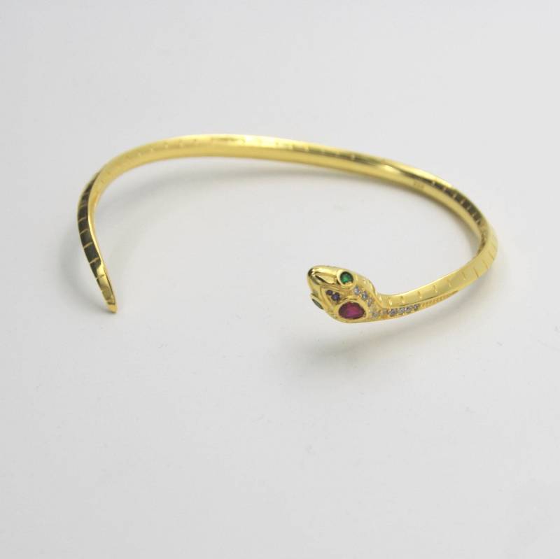 Schlange Armreif Goldfarbe Offen Größenverstellbar, Goldener Frauen Armband in Schlangenform Mit Roten Grünen Steine, Als Geschenk Verpackt von exclusiv242