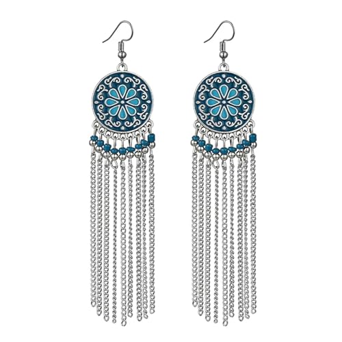 Ohrringe Ohrstecker Damen Schmuck Earrings Bohemian Lange Kette Quaste Baumeln Ohrringe Für Frauen Perlen Blume Boho Vintage Ohrringe Hochzeit Braut Pendientes Blau von exdas