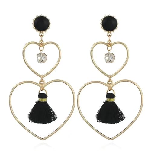 Ohrringe Ohrstecker Damen Schmuck Earrings Mode Doppel Herz Tropfen Baumeln Ohrringe Für Frauen Vintage Quaste Lange Stud Ohrringe Pendientes Schwarz von exdas