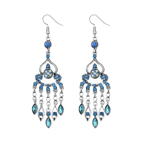 Ohrringe Ohrstecker Damen Schmuck Earrings Mode Ethnische Vintage Tropfen Baumeln Ohrringe Für Frauen Kristall Geometrische Hohl Quaste Lange Ohrringe Hochzeit Blau von exdas