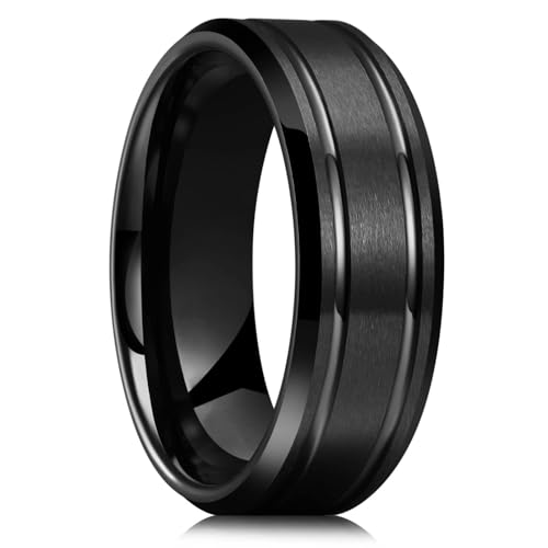 exdas Ring Ringe Damen Bijouterie Herren 8 Mm Schwarze Eheringe Für Männer, Dünne Blaue Linie, Rille, Schwarz, Gebürstete Leiterkante, Herrenring, Ehering, 10, Stil 9 von exdas