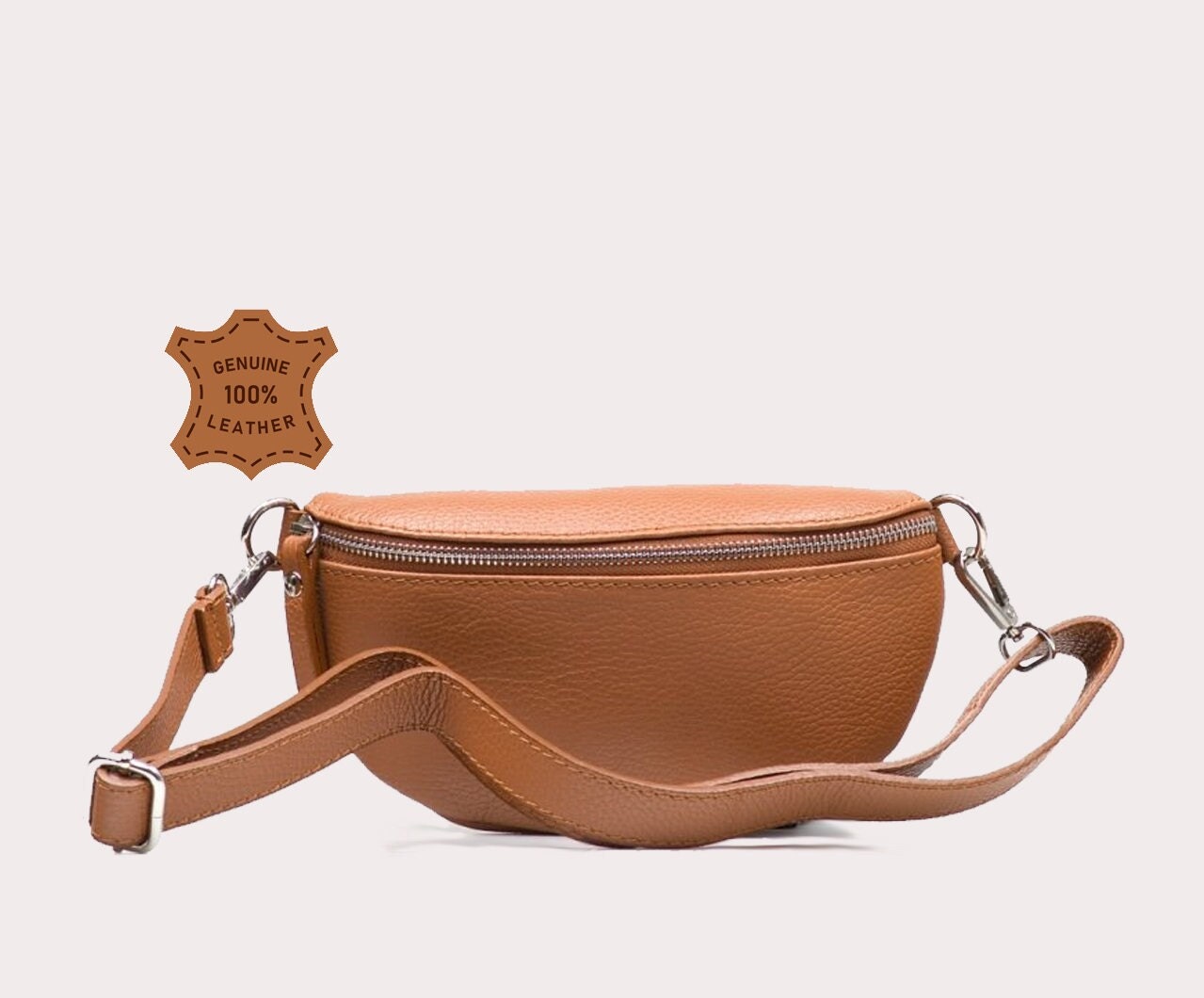 Cognac Braune Bauchtasche, Leder Schultertasche Crossbody Bag Gürteltasche Silber Details, Fanny Ledertasche, Crossbody von exhibitleather