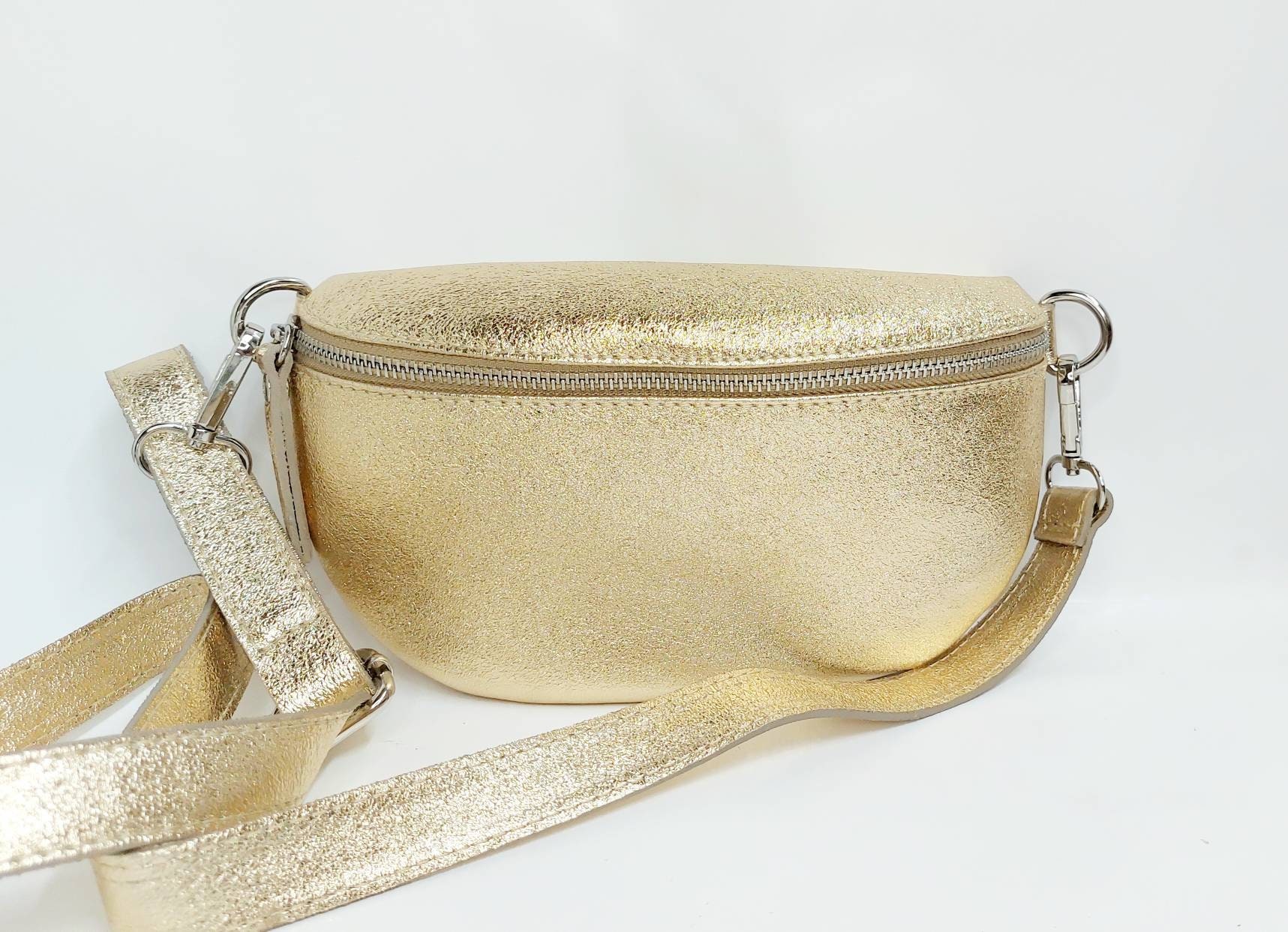 Gold Bauchtasche, Leder Schultertasche Crossbody Bag Gürteltasche Silber Details, Fanny Ledertasche, Tasche, Taille Tasche von exhibitleather