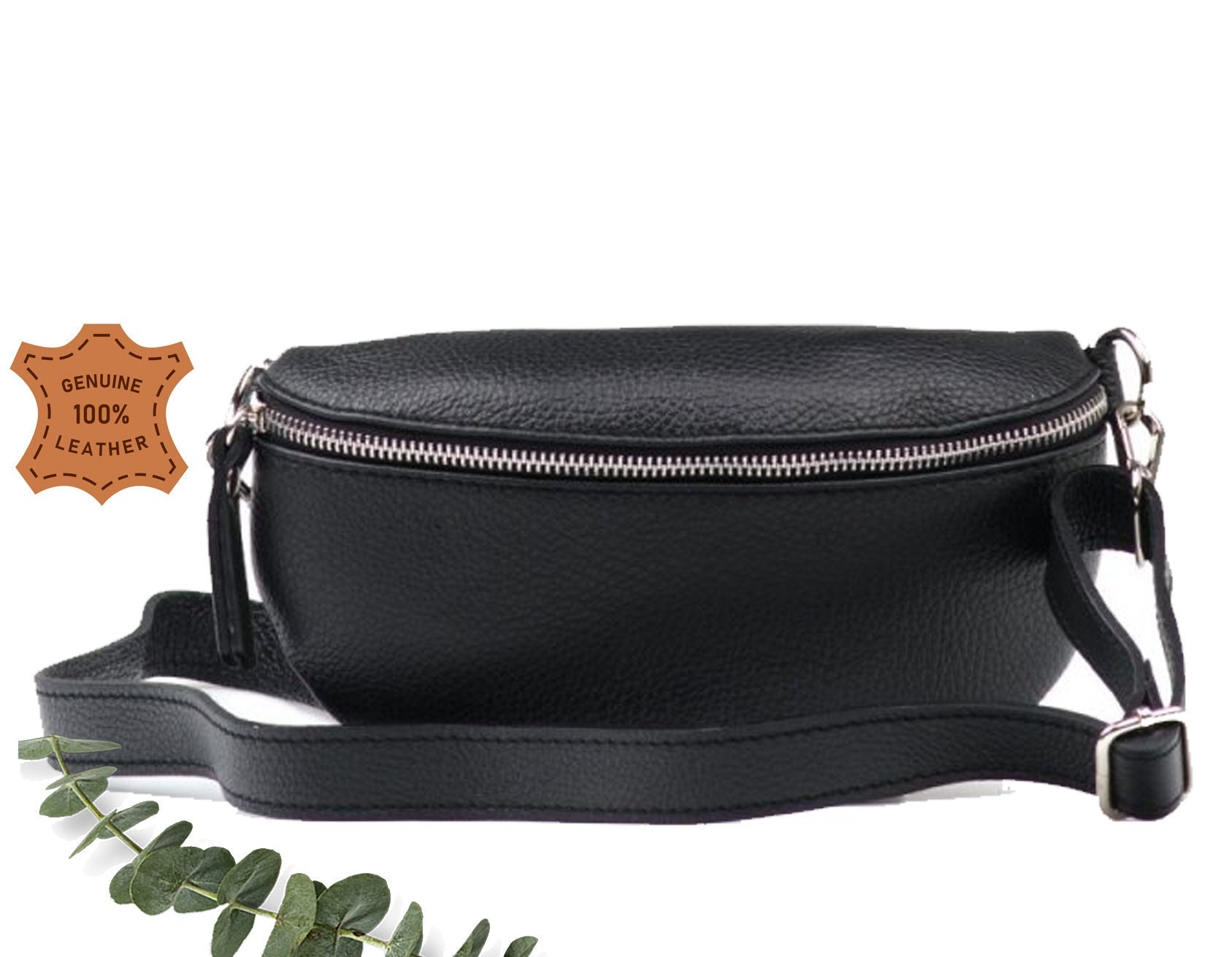 Schwarze Bauchtasche, Leder Schultertasche Crossbody Bag Gürteltasche Silber Details, Fanny Ledertasche, Tasche, Schwarz Bauchtasche von exhibitleather