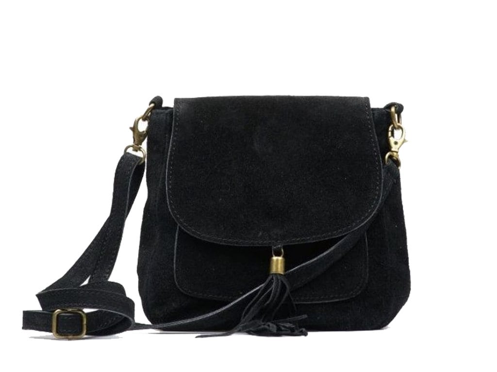 Schwarze Wildleder-Echtleder-Kleine Crossbody-Tasche, Echtleder-Cross-Body-Schultertasche, Messenger-Tasche, Top-Reißverschluss-Schwarze Tasche von exhibitleather