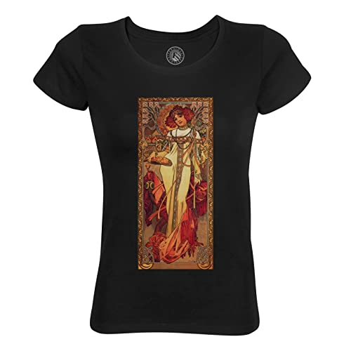 Rundhals-T-Shirt aus Bio-Baumwolle für Damen Die Jahreszeiten Automn Alfons Mucha Moderner Stil Litographie Vintage von Fabulous