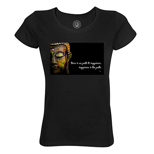 Rundhals-T-Shirt aus Bio-Baumwolle für Damen Glück Inspirierendes Zitat Englisch Buddha Wellness Buddhismus von Fabulous