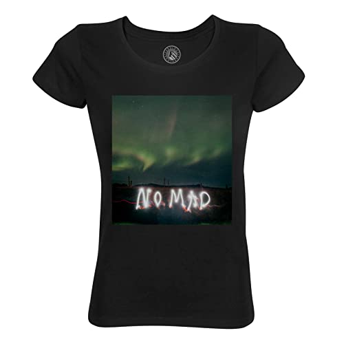 Rundhals-T-Shirt aus Bio-Baumwolle für Damen Lightpainting Nomad Lange Pose in einem Feld Aurora Borealis Milchstraße von Fabulous