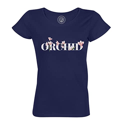 Rundhals-T-Shirt aus Bio-Baumwolle für Damen Orchidee Blumen Minimalistisch Schick Garten Liebe von Fabulous