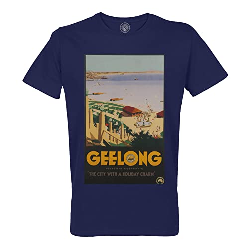 Rundhals-T-Shirt aus Bio-Baumwolle für Herren Geelong Australien Poster Vintage Reisen Art Deco von Fabulous