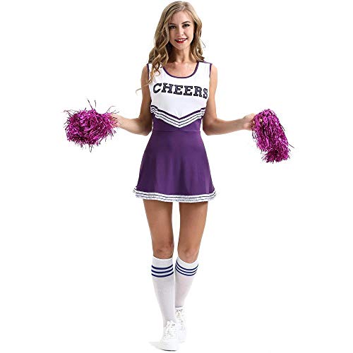 fagginakss Damen Cheerleader Cheerleading Kostüm Mädchen Uniform Karneval Fasching Party Halloween Kostüm Kleid Minirock Bekleidung mit 2 Pompoms von fagginakss