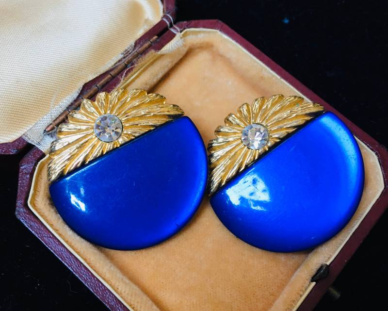 80Er Jahre Gold & Blaue Ohrclips Strass ~ Blue & Earclips Rinstone von fairytailjewelry
