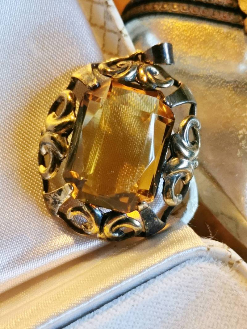 Art Deco 835 Silber Verg. Ketten Anhänger Gelber Stein Um 1930 True Vintage Silver Pendent Antik Floral Cottage Landhaus von fairytailjewelry