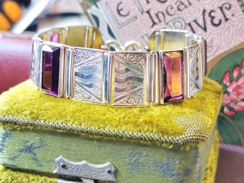 Art Deco Teppich Armband Um 1930 Silber Double Violetten Steinen Carpet Bracelet Floral Antique Antik von fairytailjewelry