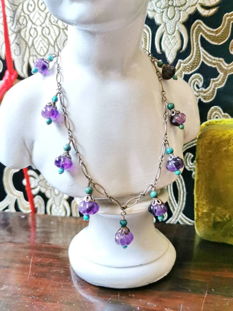 Art Nouveau 925 Silber Collier Amethyst & Türkis Um 1920 Troddel Perlen Tropfen Sterling Silver Necklace von fairytailjewelry