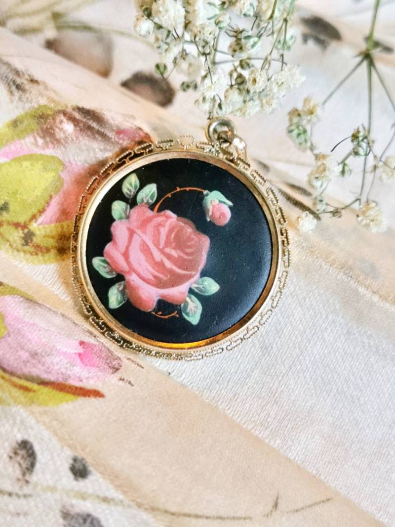 Art Nouveau Jugendstil Double Silber Emaille Anhänger Rosen Rot & Schwarz Um 1900 Unikat Pendant Hand Bemalt Cottage Landhaus Geschenk von fairytailjewelry
