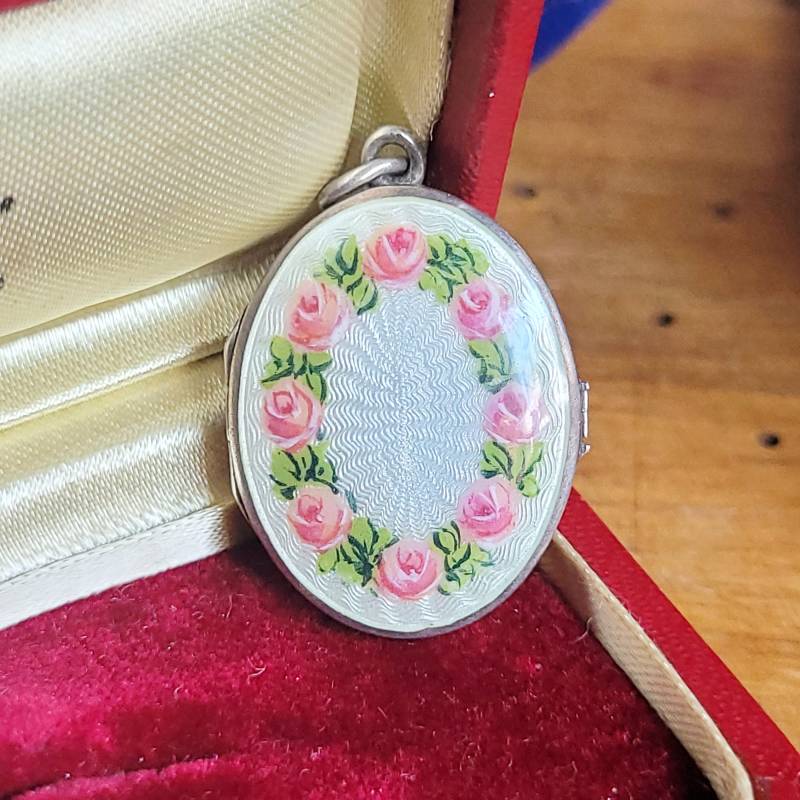 Art Nouveau Silber Jugendstil Guilloche Emaille Medaillon Foto Anhänger Rosen Rosa Um 1900 Unikat Pendant Andeken Erinnerung Cloisonne von fairytailjewelry