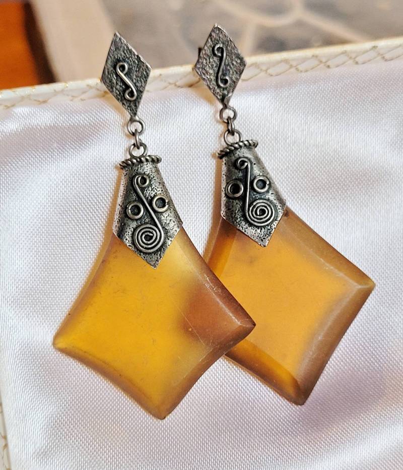 Cognac Seeglas 925 Silber Ohrringe/ Ohrstecker Xxl Unikat Handarbeit Vintage Boho Ethno Design Sterling Silver Glass Earring Braun von fairytailjewelry