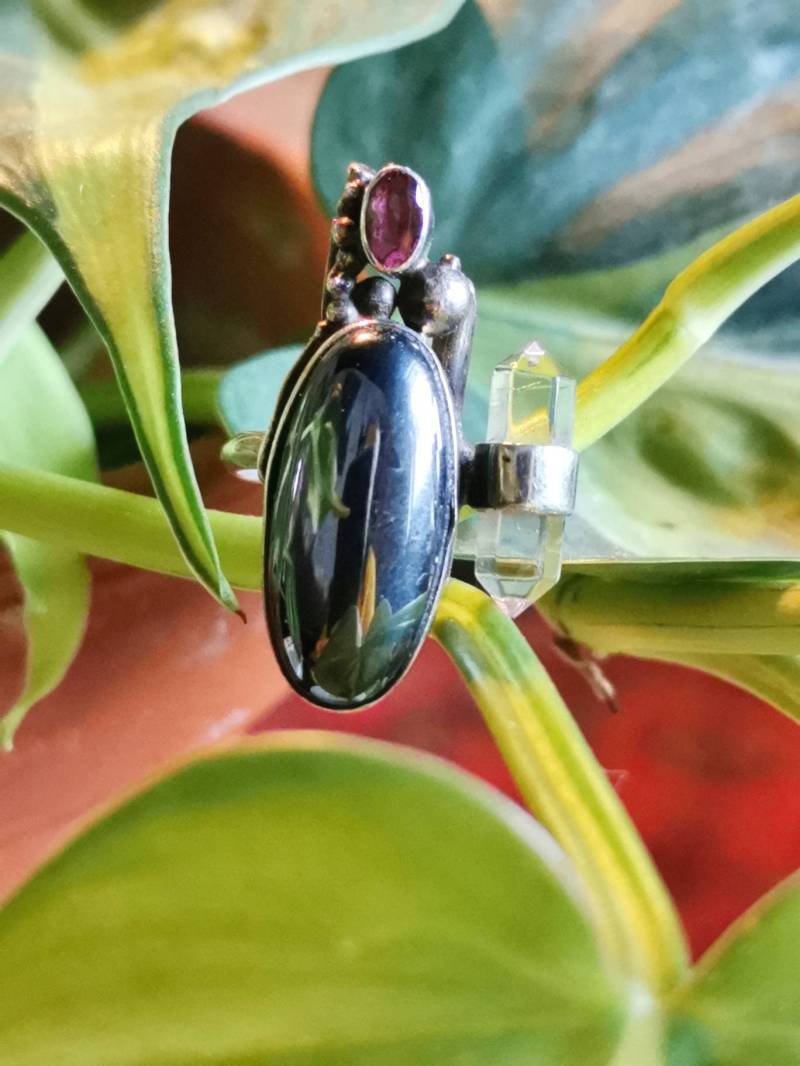 Design Unikat 925 Silber Hämatit & Bergkristall Ring Mit Rhodolit Designer Sterling Silver Ring Ethno Esoterisch Cottage Edelstein Spitze von fairytailjewelry