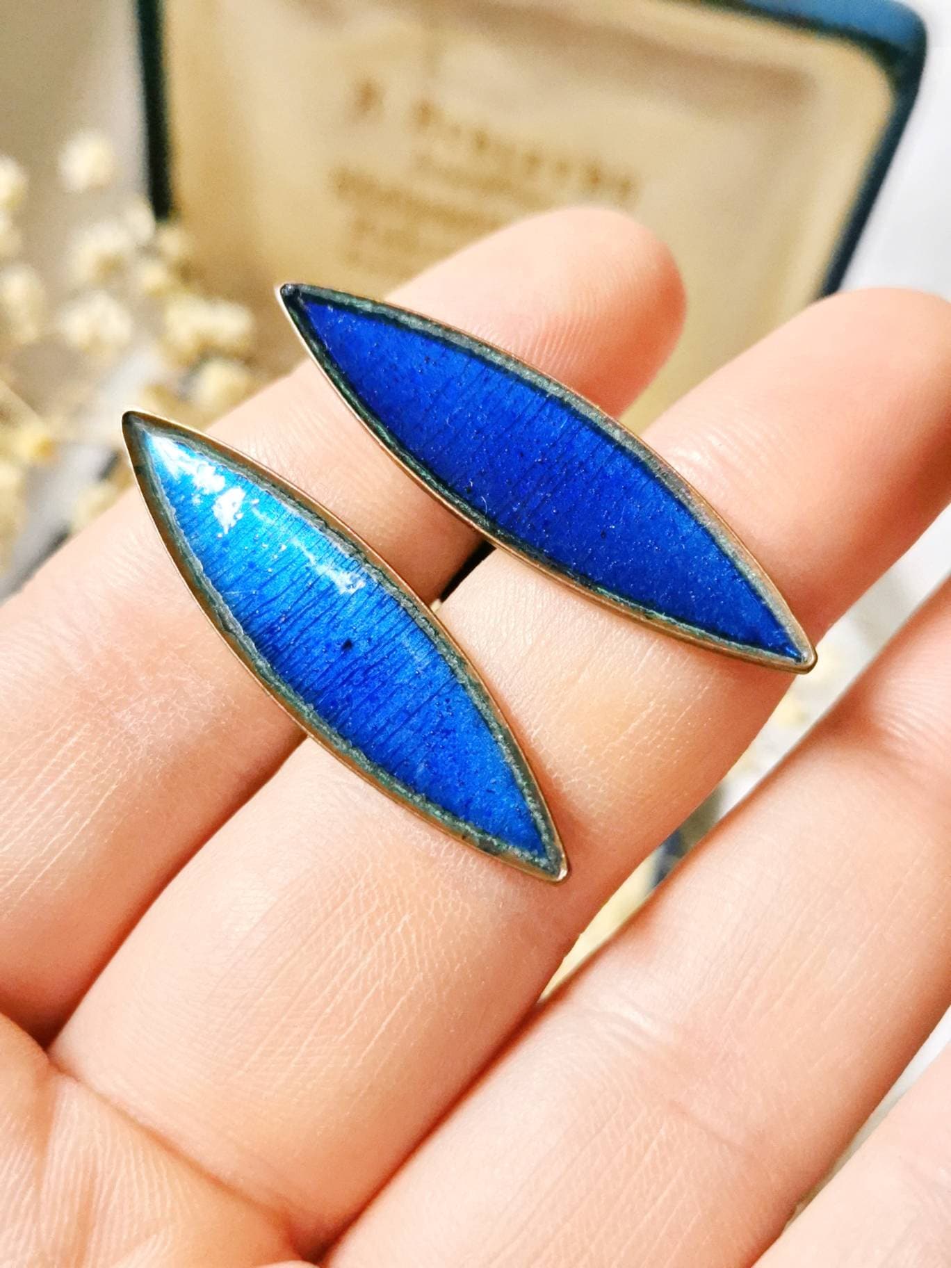 Emaille True Vintage 50Er Jahre & Kupfer Manschettenknöpfe Dunkel Blau Enamel Cloisonne Midcentury Antik von fairytailjewelry